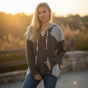 One Clothing Los Angeles Mixed Knit Colorblock Lace Up Hoodie in Two Tone Grey